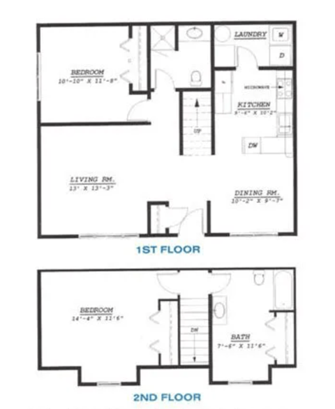 Floor plan for 2 beds, 2 baths, 1272 sqft
